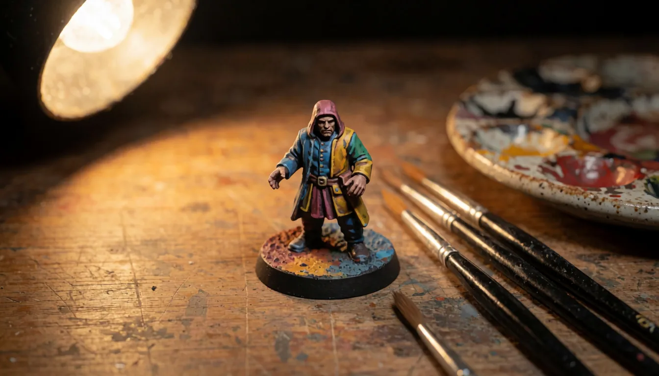 Eine bemalte Tabletop-Miniatur auf einer Werkbank, daneben Pinsel und eine Palette.